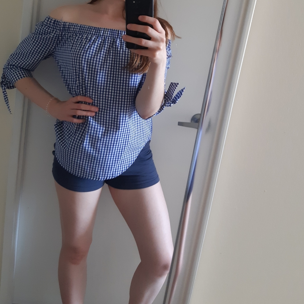 Blue Checked Shirt. Cold Shoulder